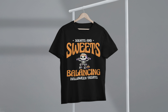 Squats and Sweets Balancing Halloween Treats, Fitness
Kniebeugen und Süßigkeiten im Gleichgewicht zwischen Halloween-Leckereien und Fitness