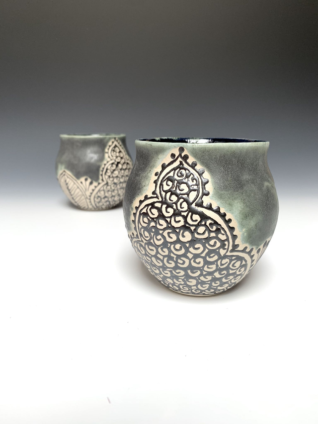 Stoneware Cup with Hand-drawn Patterns, handmade - Artistic Piece 