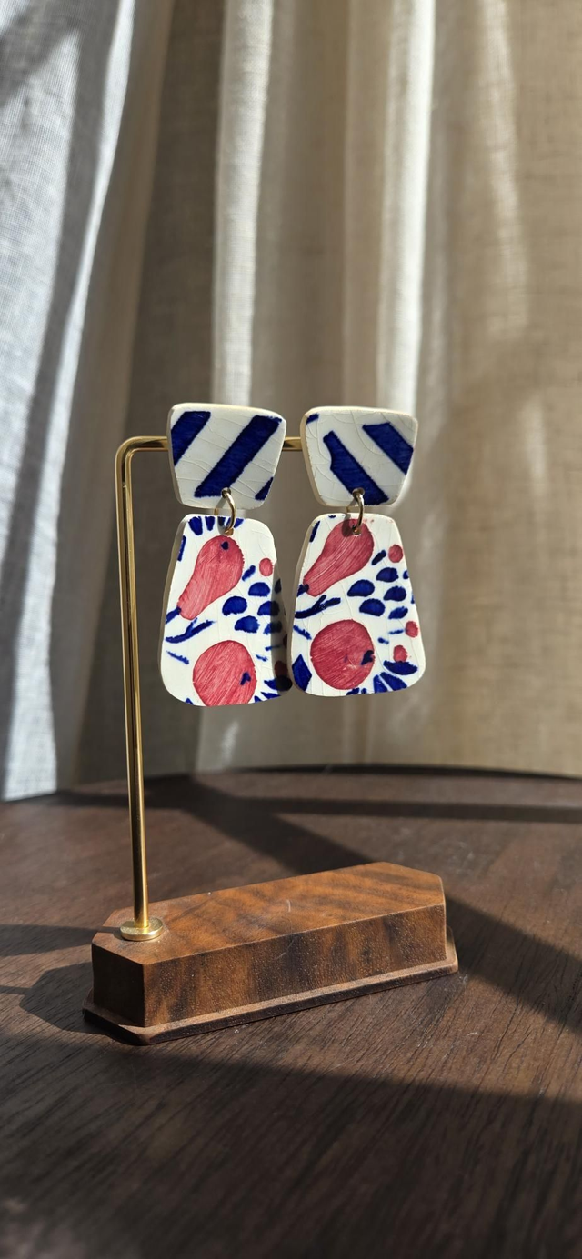 Paire de boucles d'oreilles - faïence Gien - acier inoxydable doré