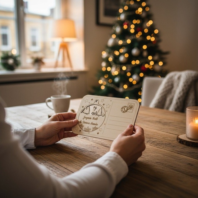 Carte postale avec boule de Noël en bois, gravée et personnalisée - décoration de sapin, déco Renne