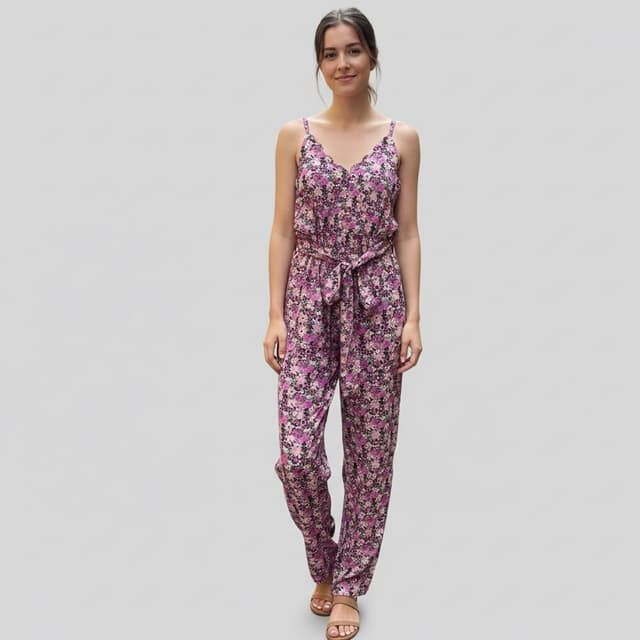 • Combinaison Pantalon à Bretelles Emma Ella – Motif Fleuri avec Ceinture Noeuds