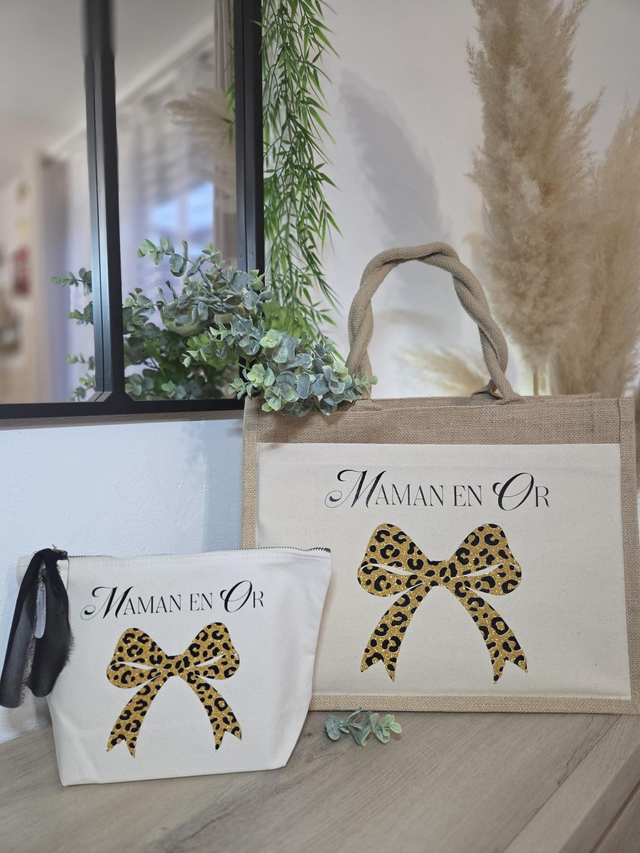 Duo cabas &amp; trousse de toilette &quot;noeud léopard paillette&quot;