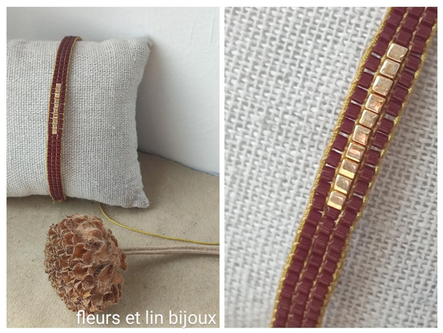 Bracelet tissé main bordeaux &amp; carrés dorés en perles de verre miyuki , réglable sur fil de jade résistant, pièce unique 