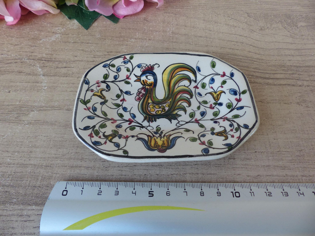 Porte-savon ou vide-poche en céramique du Portugal – Motif coq peint main – Pièce signée Almeida - Décoration pour Cuisine ou Salle de Bain