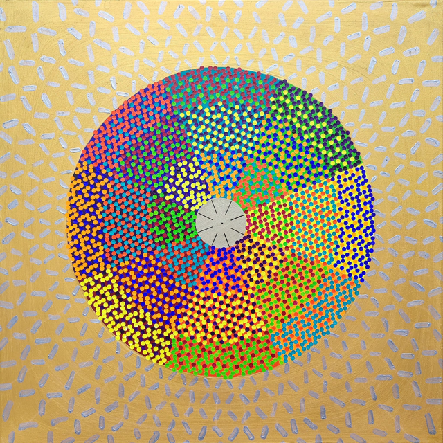 Koło barw, 80x80 akryl płótno kolaż 2019