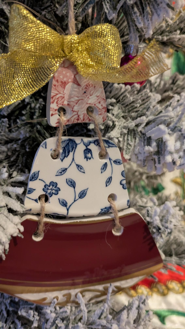 Hanging Christmas tree ornament - made from vintage plates 