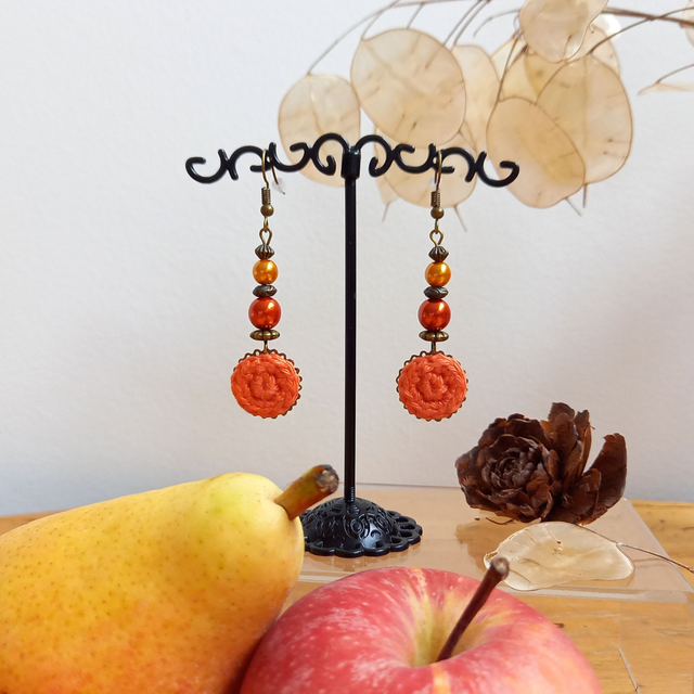 Parure orange et bronze - Boucles d&#039;oreille orange clair pendantes