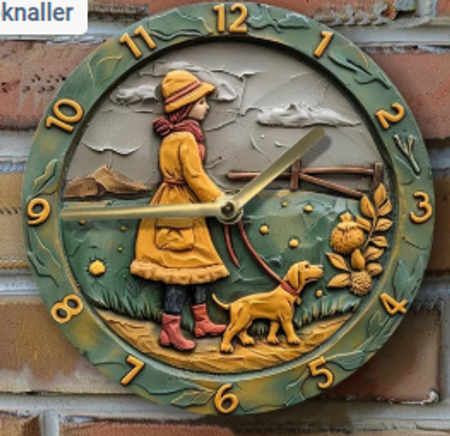 Vintage metalen klok vrouw met Hond (20cm diameter) Nieuw.
