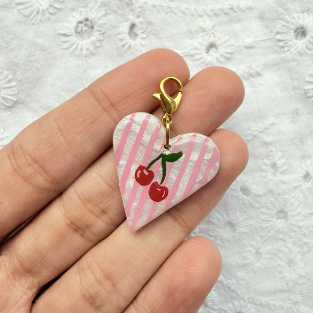 Retro Pink Stripe Red Cherry Heart Shaped Charm