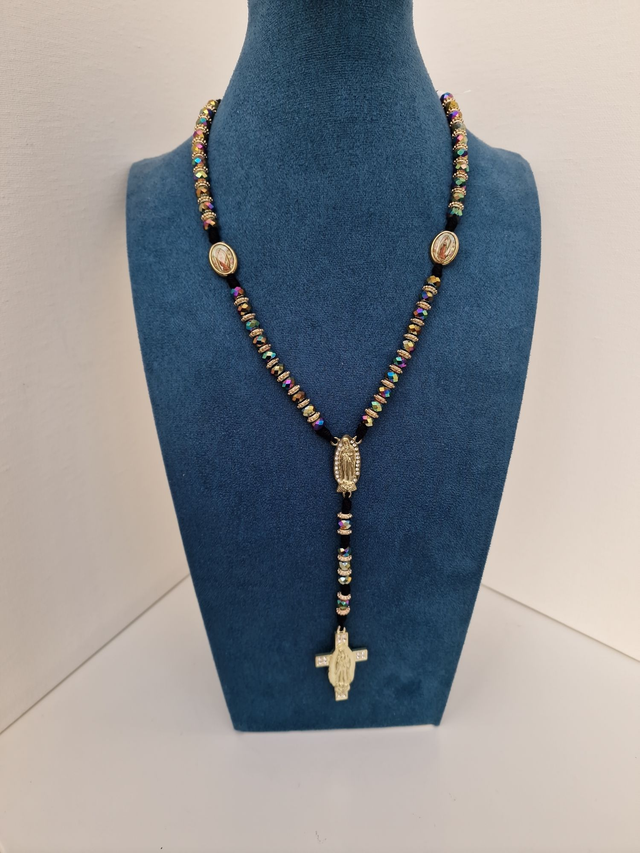 Collier Chapelet Perles Cristal Noires Multicolore Croix Vierge Strass Acier Doré