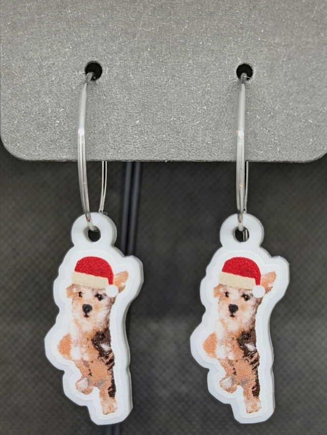 Christmas Schnoodle dog 20mm hyperallegenic wire hoops earrings