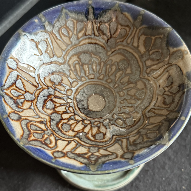 Ceramic Aroma Lamp, Essential Oil Burner Mandala Design, Handcrafted Stoneware, green dark black