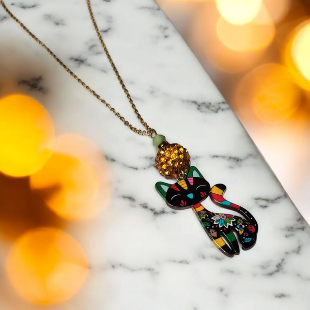 Collier acier inoxydable et cristal jaune et noir chat