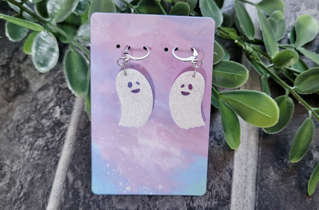 Earrings | Happy Ghost White &amp; Silver Glitter | Stainless Steel Hooks or Hoops