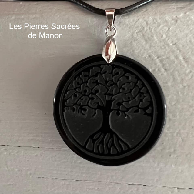 Pendentif Arbre de Vie Obsidienne Noire 