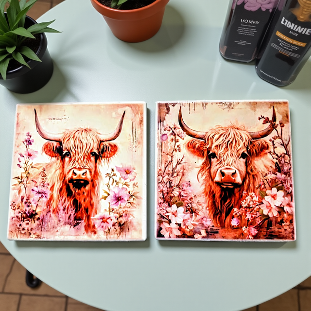 A set of two coasters with highland cattle surrounded by flowers  