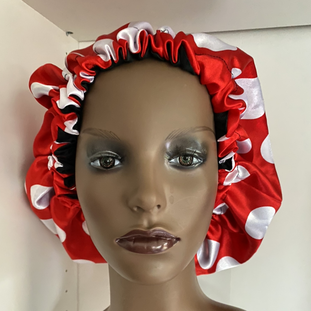 Red and white polka dot hair bonnet 