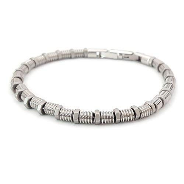 Bracciale Maschile Simbolo di Forza con Bulloni e Dadi in Acciaio Inossidabile Placcato Oro Bianco, Perfetto Regalo per Uomini e Ragazzi Made in Italy