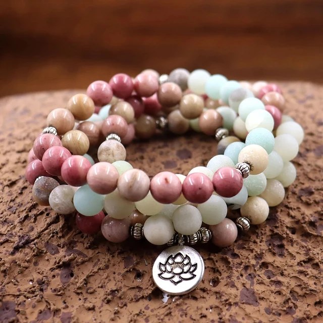 108 Mala Ketting Edelsteen Rhodochrosiet en Amazoniet met Lotus | Armband | Rozenkrans