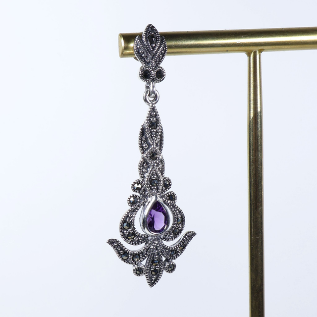 Art Nouveau Style Sterling Silver 925 Pear Cut Purple Amethyst Marcasite Gemstone February Birthstone Ornate Arrow Design Drop Earrings