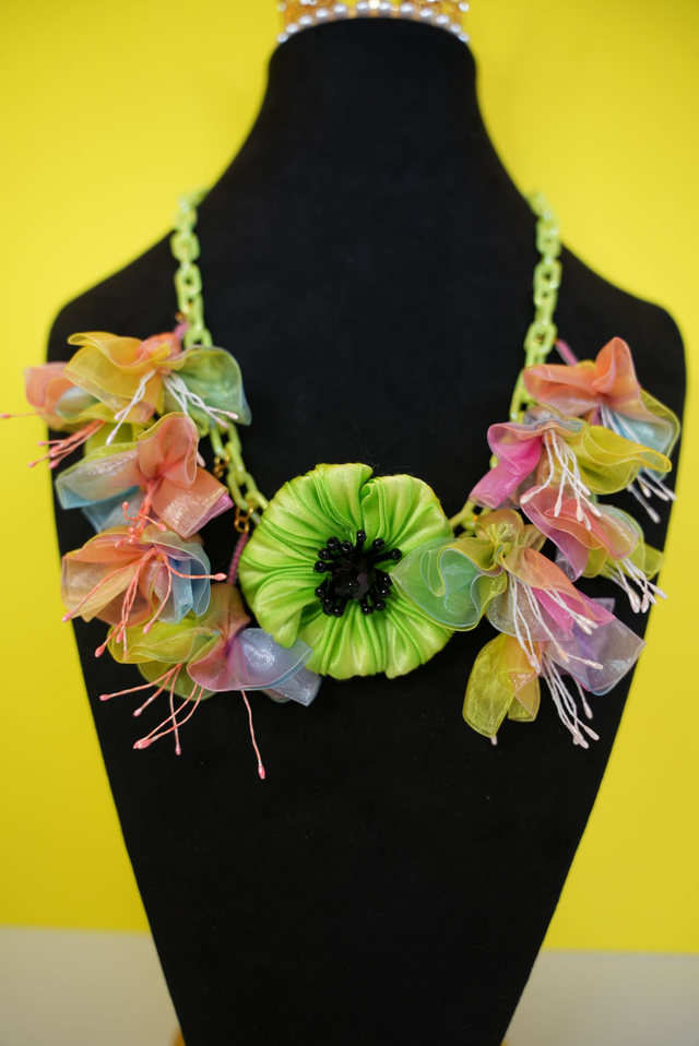  Rainbow Fuchsia and Lime Silk Poppy Necklace 