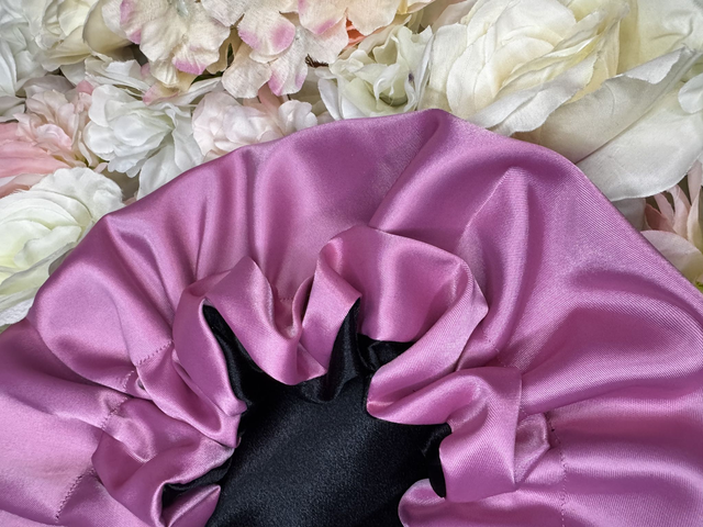 Bonnet en satin soie réversible rose & noir | Protection cheveux nuit | Anti-frisottis | Tailles S, M, L | Double face fait main