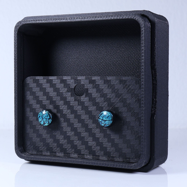 Hypoallergenic Vibrant Electric Cracked Teal Black Polymer Clay Plastic Rubber Back Stud Earrings With Designer Carbon Fiber Jewellery Box
