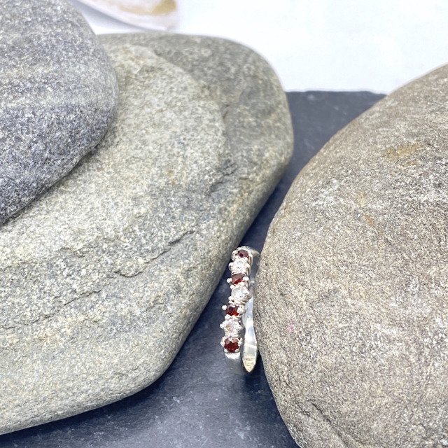 REFURBISHED Garnet and Clear CZ Half Eternity Vintage Ring in Sterling Silver Size M 1/2