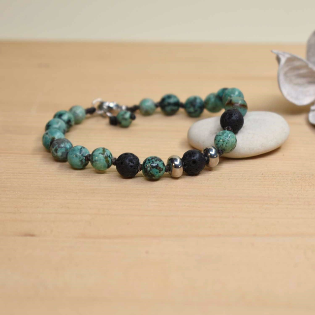 Bracelet homme 2 rondelles acier en pierre de lave et turquoise africaine