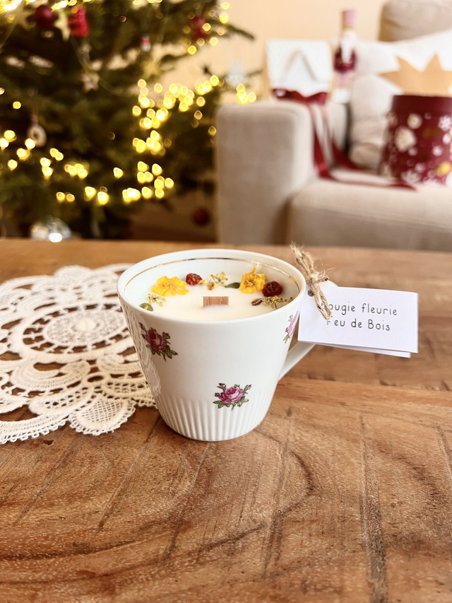 đ Bougie Feu de bois - tasse Ă cafĂ© "roses"