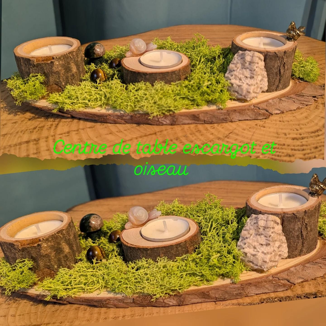 Centre de table, escargot en Jaspe et oiseau en laiton 