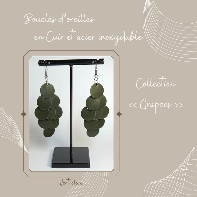 Boucles d&#039;oreilles Grappe en cuir - Vert olive