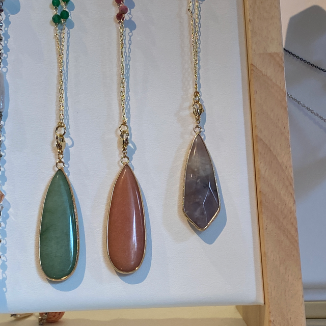 Pink opal/ green agate / fluorite gold plated necklace-Natural stones