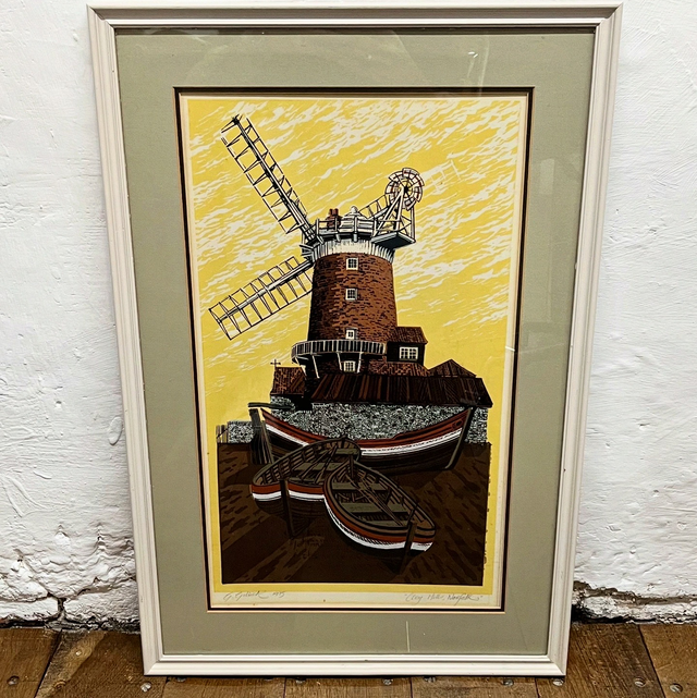A Framed And Signed Linocut Of “Cley Mill” In North Norfolk