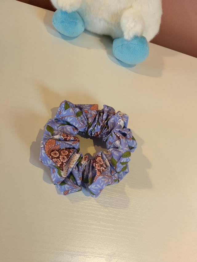 Handmade scrunchie - Blue with modern bird pattern
