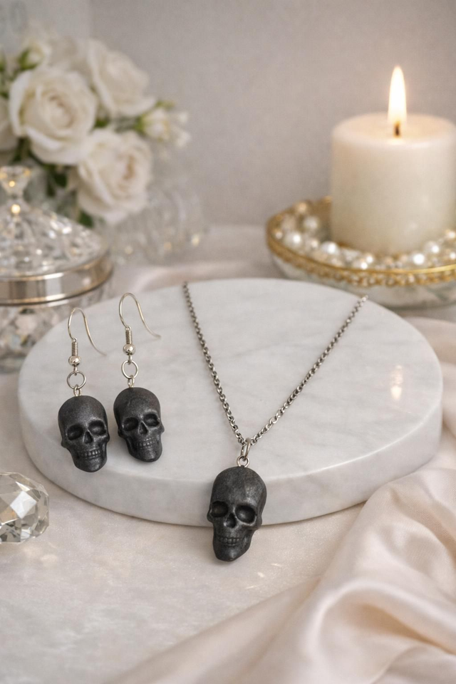 Parure boucle d'oreille et pendentif SKULL gris 