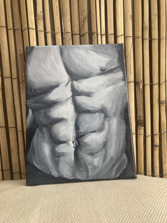 Origineel schilderij “Mannelijk torso” gespierd lijf shades of grays Krista Kitsz Acryl op Stretched Canvas klein kunstwerk