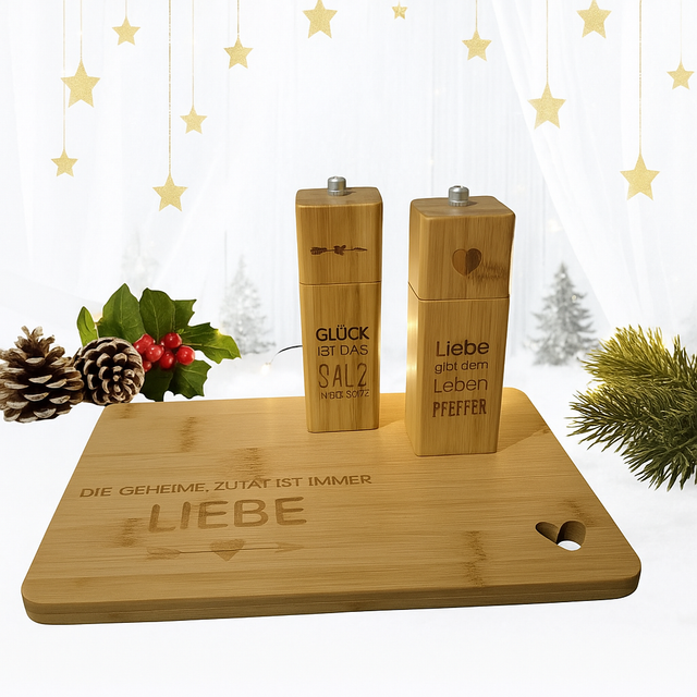 Weihnachts-Spezial 3-teiliges Geschenkset – Salz- & Pfeffermühle mit Schneidebrett