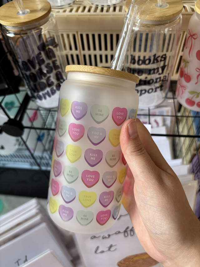 Love Hearts - Glass Tumbler with Bamboo Lid and Reusable Straw