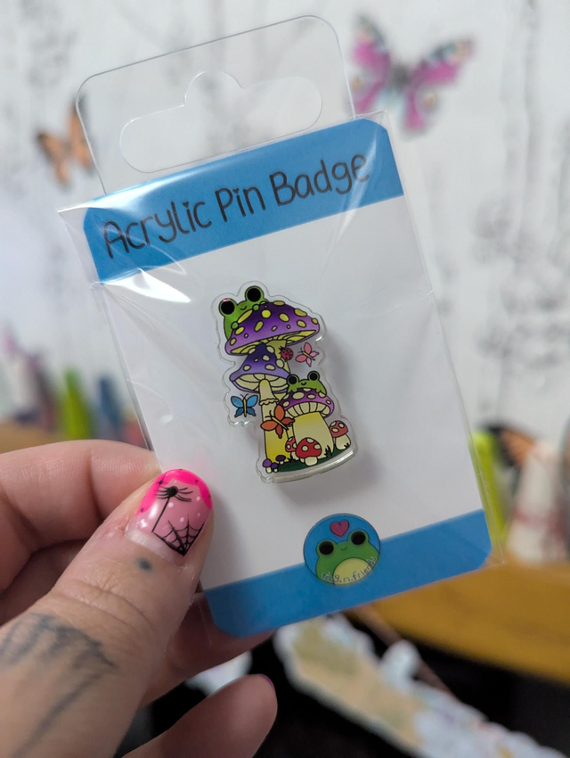 Mushroom frogs acrylic pin