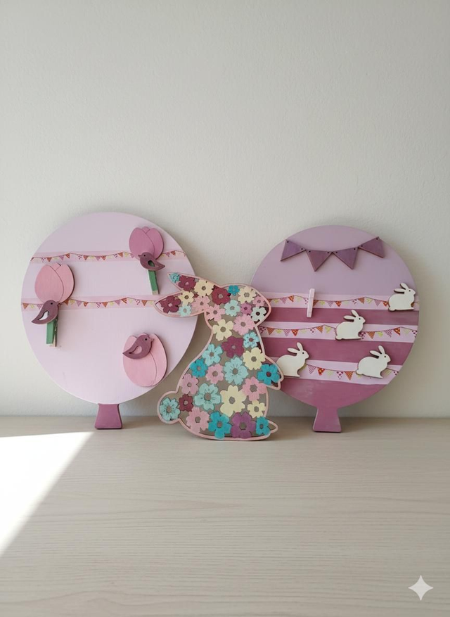 Lot Déco Bois Lapin Pastel Fleuri | Printemps et Décoration Chambre Bébé/Enfant