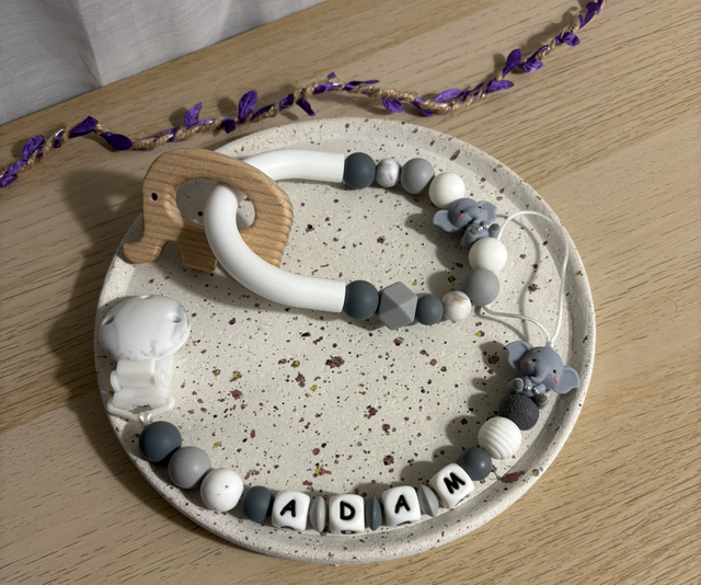 Duo Anneau de Dentition &amp; Attache-Tétine – Modèle Éléphant (Personnalisable)