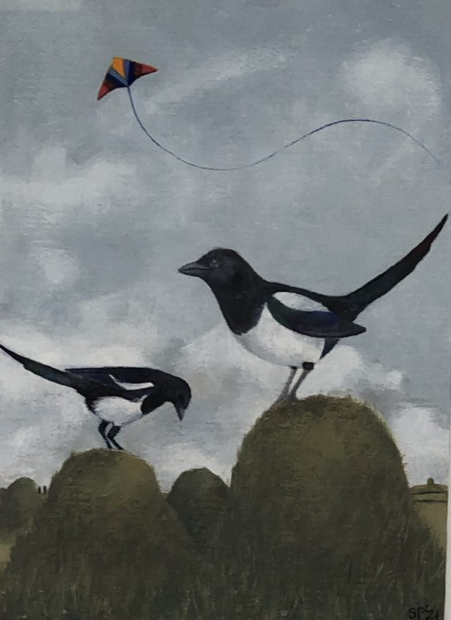 SP14 Kite, Magpies and Anthills by Shelagh Popham,  Oil, 5 x 7 inches