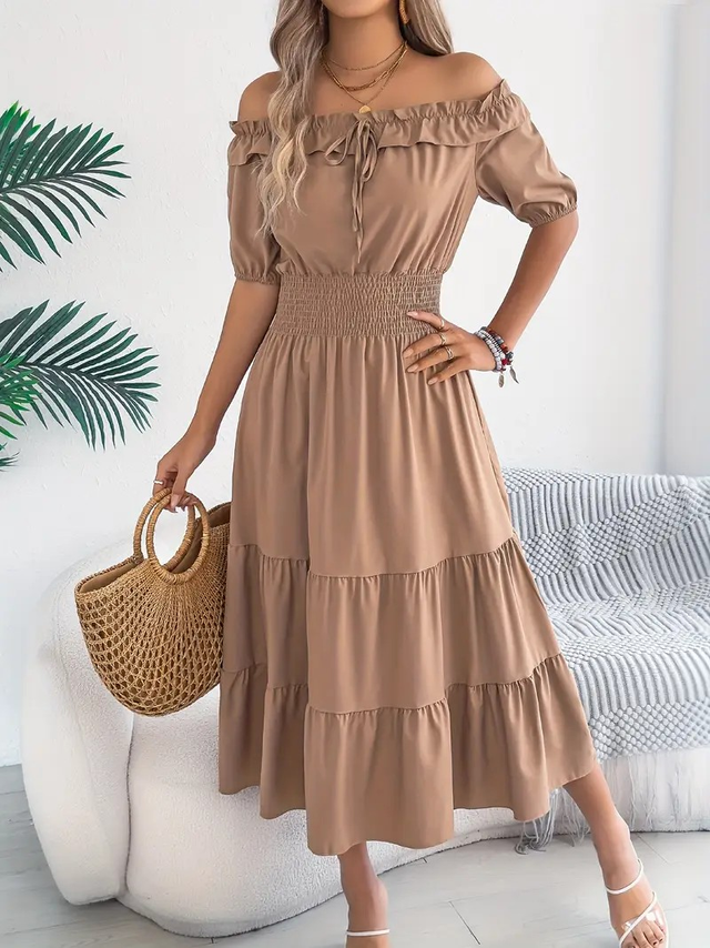 Women's Off-Shoulder Short Sleeve A-Line Dress
