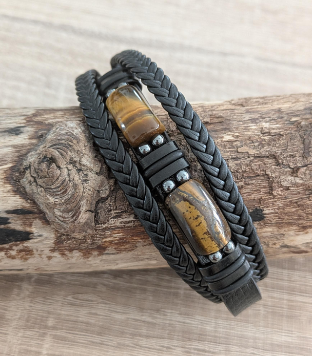 Bracelet double tresse noir oeil de tigre 23 cm