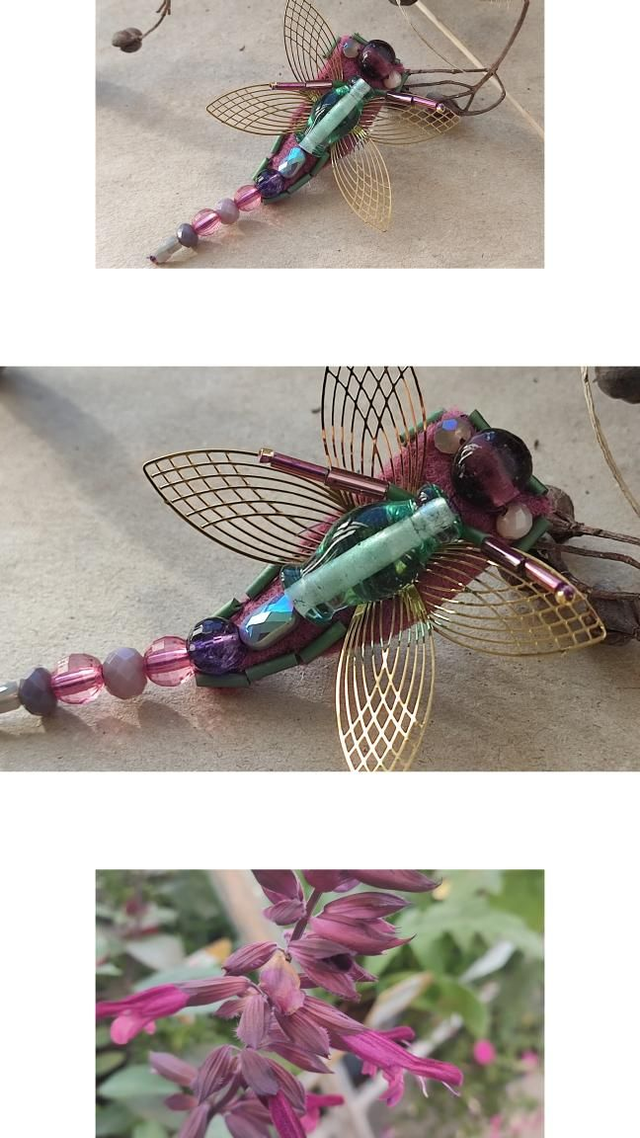 Broche libellule vert et rose tissée main, pièce unique 