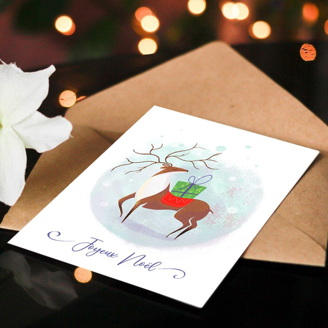 Carte de Voeux "Petit Cerf de Noël" avec enveloppe dorée