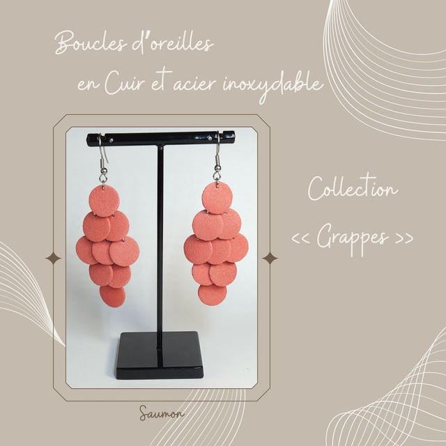 Boucles d&#039;oreilles Grappe en cuir - Saumon