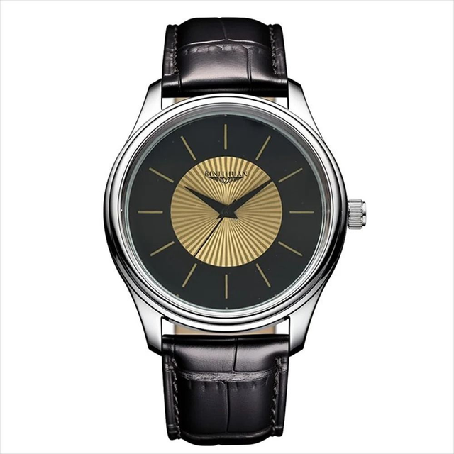 Montre à Quartz pour hommes, fond noir et dorée bracelet en cuir noir