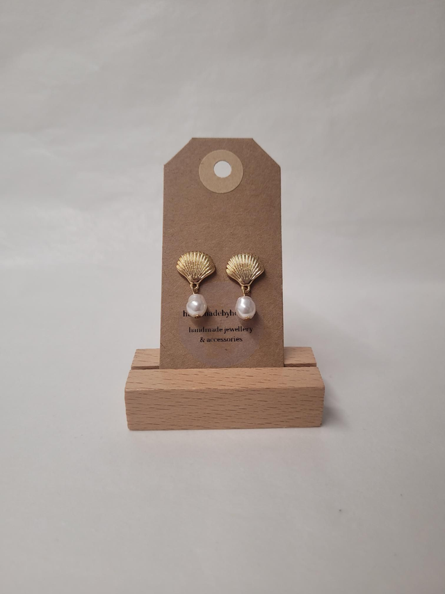 Shell Charm Drop Stud Earrings With Pearl Bead - Gold Plated - HBH-028